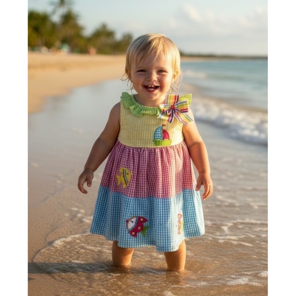 Baby Girls Dress 6/9 Months Summer Appliqué Seersucker 2-piece Rare editions 6 M